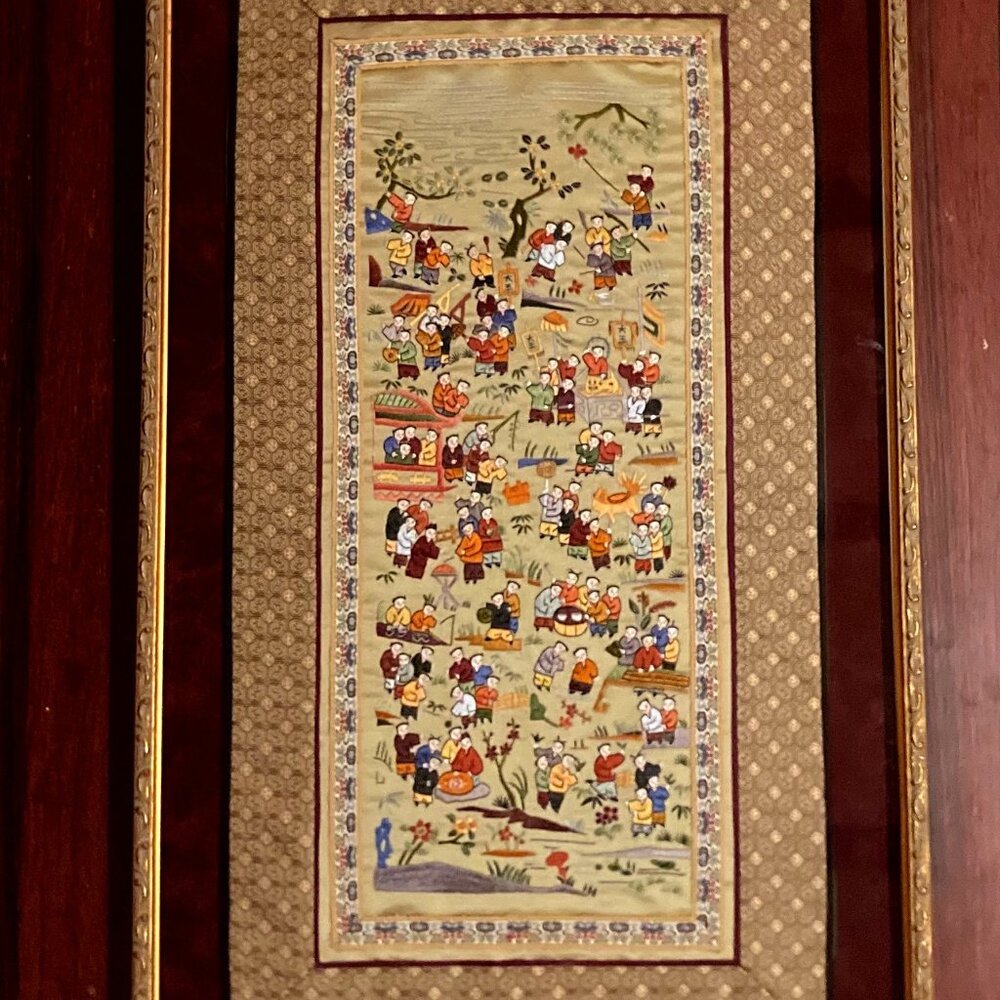 Antique Silk Embroidery Framed In Beautiful Condition